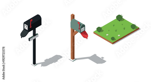 isometric mailboxes with open and closed flags and green grass patch in simple modern style