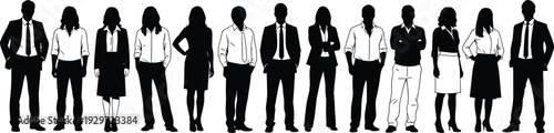 Row of Diverse Business Professionals Silhouettes Standing in Formal Attire Isolated on White Background Representing Corporate Teamwork and Leadership