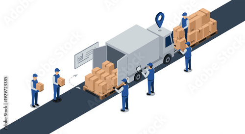 workers loading and unloading cardboard boxes into delivery truck isometric illustration