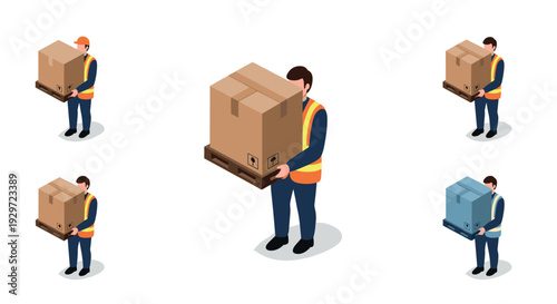isometric delivery man holding cardboard box on wooden pallet set of five hand drawn illustrations for logistics and shipping concept
