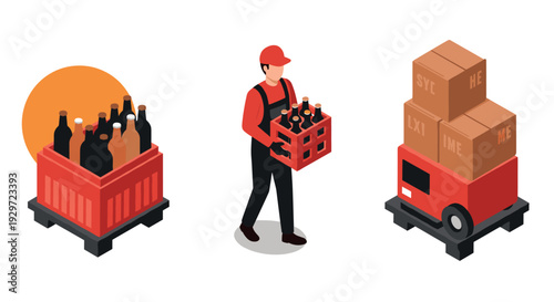 worker carrying beverage crate and isometric crates and pallets with bottles and boxes in flat style