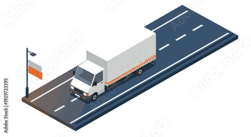 isometric white cargo delivery truck on road with street lamp and banner illustration