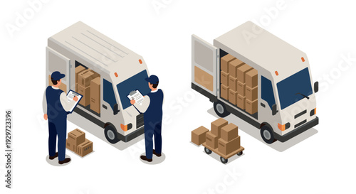 delivery workers unloading and checking packages in cargo vans isometric illustration