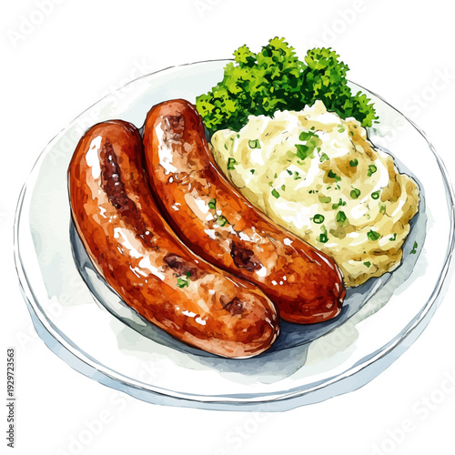 Bangers And Mash, watercolor painting capturing graceful lines and soft blended shades, isolated on a white background.