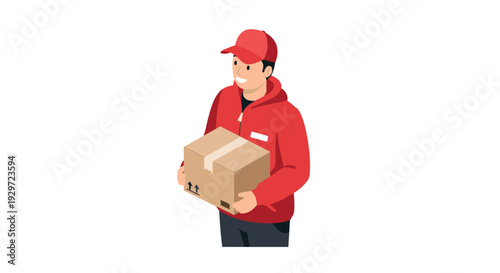 delivery man holding a cardboard box in red uniform hand drawn illustration