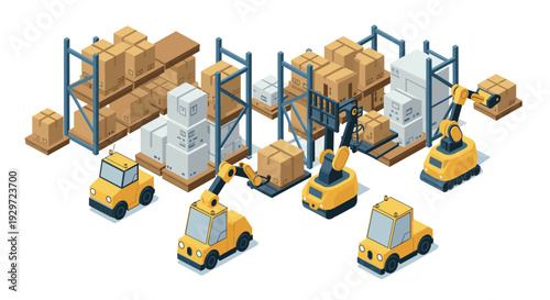 isometric warehouse scene with robotic arms forklifts and stacked cardboard boxes in a modern logistics setting