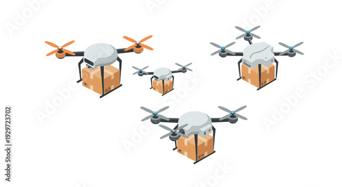 set of delivery drones carrying packages with modern isometric style for logistics and transportation