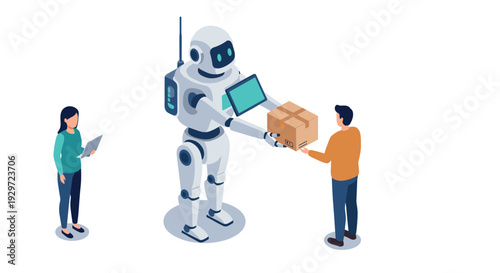 robot delivering package to man while woman checks tablet futuristic isometric technology illustration