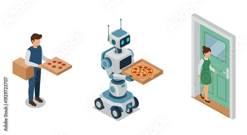 Isometric delivery man robot and woman receiving pizza illustration set in modern flat style for food and technology concept