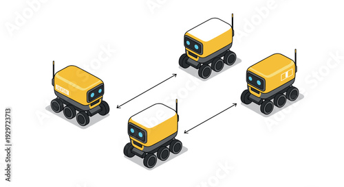 isometric delivery robots connected by arrows technology concept flat vector illustration