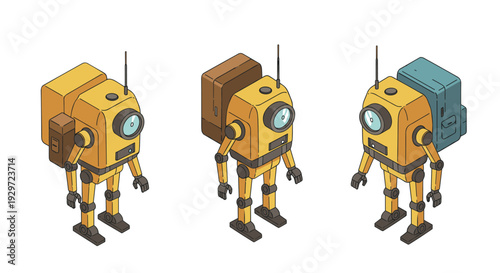 three isometric hand drawn robots with yellow body and backpack in cartoon style