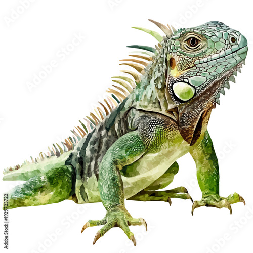 Banded Iguana, watercolor illustration featuring playful movement and lively expressions, isolated on a white background.