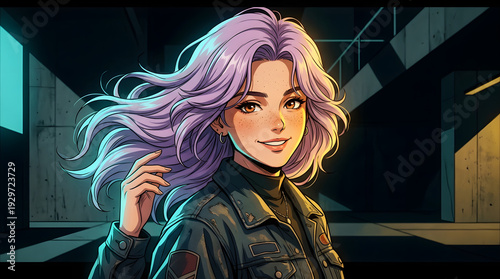 Retro anime illustration of woman with lavender hair and neon light
