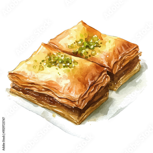 Baklava, watercolor painting capturing graceful lines and soft blended shades, isolated on a white background.