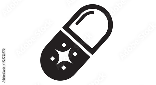 Simple black and white vector graphic illustration of a sparkling health capsule icon
