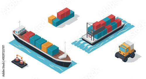 isometric shipping cargo container ships and forklift with colorful boxes set in flat style for logistics and transportation design