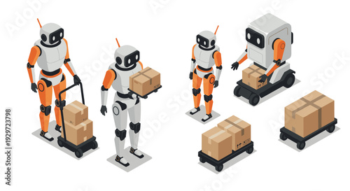 isometric robots carrying and transporting cardboard boxes set in modern flat style for automation and logistics