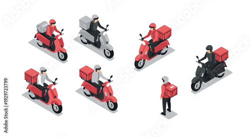 isometric delivery scooter riders with food delivery boxes and a standing courier in modern vector style