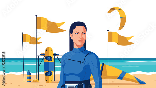woman in wetsuit standing on beach with kiteboarding gear and yellow flags flat illustration
