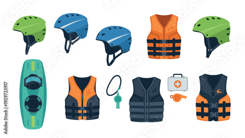 set of water sports safety equipment with helmets life jackets kayak and emergency accessories in hand drawn style