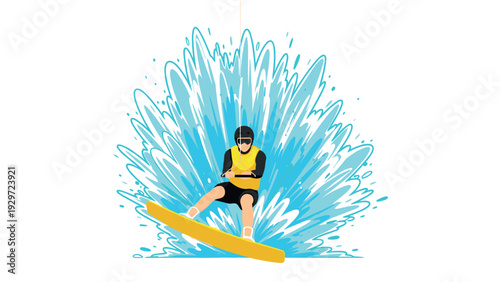 man water skiing with splash behind hand drawn illustration of summer sport activity