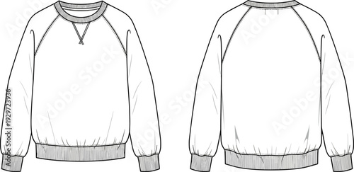 Raglan sleeve sweatshirt technical fashion sketch flat vector illustration with front and back view, crew neck pullover apparel cad drawing