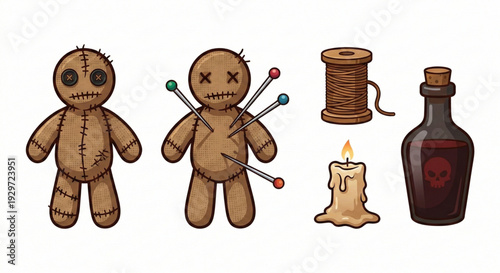 Spooky Voodoo Doll and Ritualistic Items, Halloween Themed Illustration