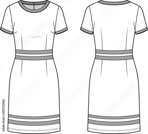 Women's short sleeve bodycon dress technical fashion sketch flat vector illustration with contrast waist bands, apparel design cad drawing template