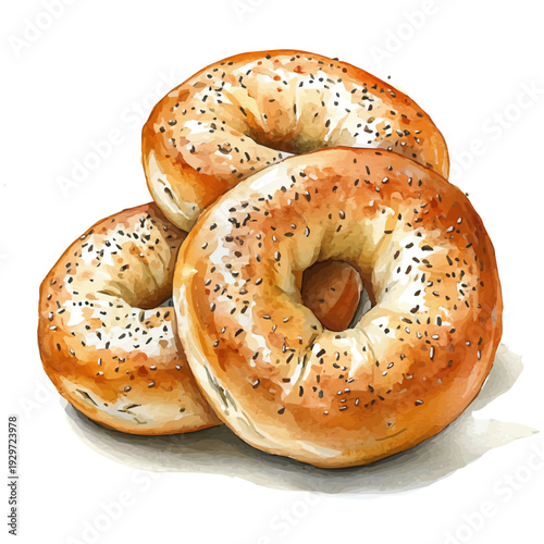 Bagels, watercolor artwork with bold brush accents and dynamic composition, isolated on a white background.