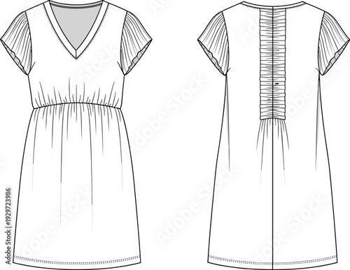 Women's V-neck short sleeve dress technical fashion sketch flat vector illustration with pleated sleeves and smocked back detail, apparel cad drawing