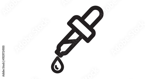 Simple black line vector graphic illustration of a laboratory dropper dispensing a single liquid drop