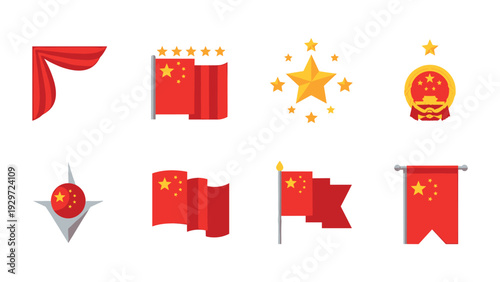 collection of Chinese flag and star icons in flat style with national symbols and decorative elements