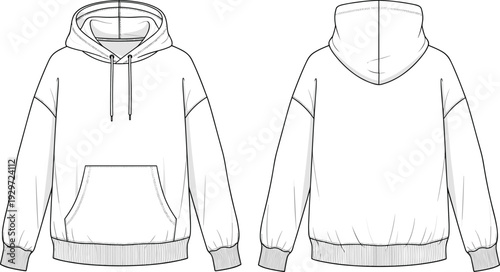 Oversized hoodie technical fashion sketch flat vector illustration with front and back view, hooded sweatshirt cad drawing for apparel design templates