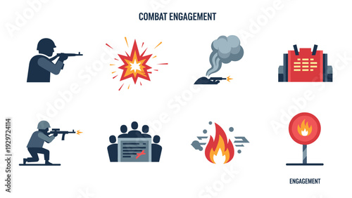 combat engagement icon set with soldiers firing weapons explosion fire and military target symbols in flat style
