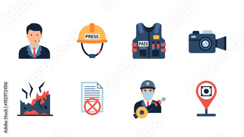 set of hand drawn journalist reporter press media icons with safety gear and equipment