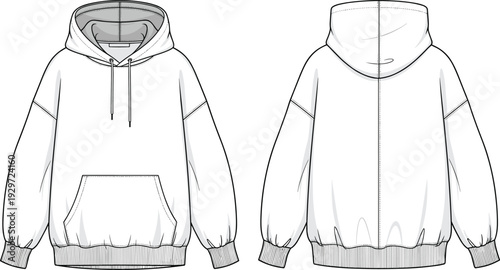 White oversized hooded sweatshirt cad drawing flat vector illustration, long sleeve raglan hoodie template with front pocket and drawstrings, fashion sketch