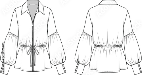 White zip up blouse cad drawing flat vector illustration, long puff sleeve shirt template with drawstring waist and pointed collar, fashion sketch