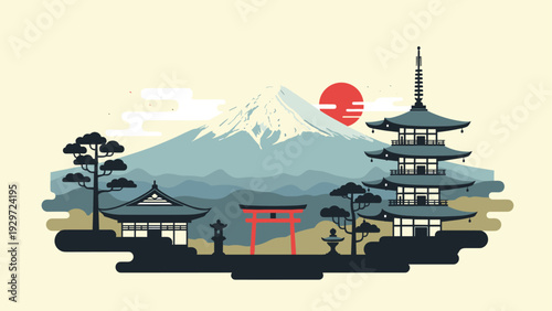 traditional japanese temple architecture with pagoda and torii gate hand drawn illustration with mount fuji in background