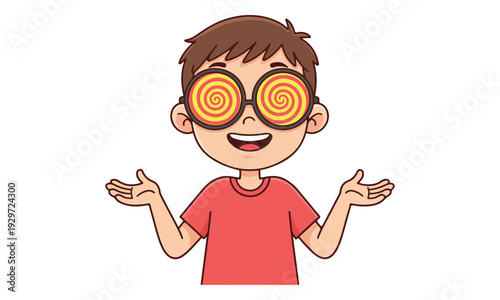 Cartoon Boy with Hypnotic Spiral Glasses Shrugging Confused