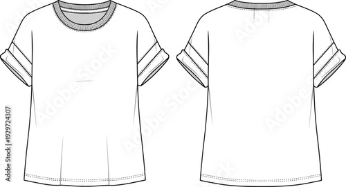 White short sleeve t-shirt cad drawing flat vector illustration, casual crew neck tee template with rolled cuffs, technical apparel fashion sketch