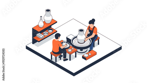 two people working on pottery vases on wheels with shelves of ceramics isometric illustration