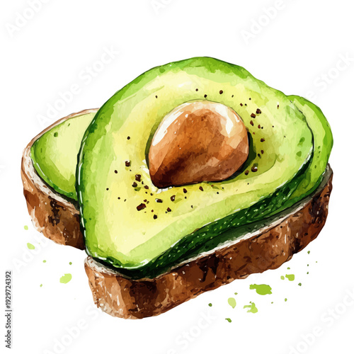 Avocado Toast, watercolor clipart showcasing whimsical details and harmonious color flow, isolated on a white background.