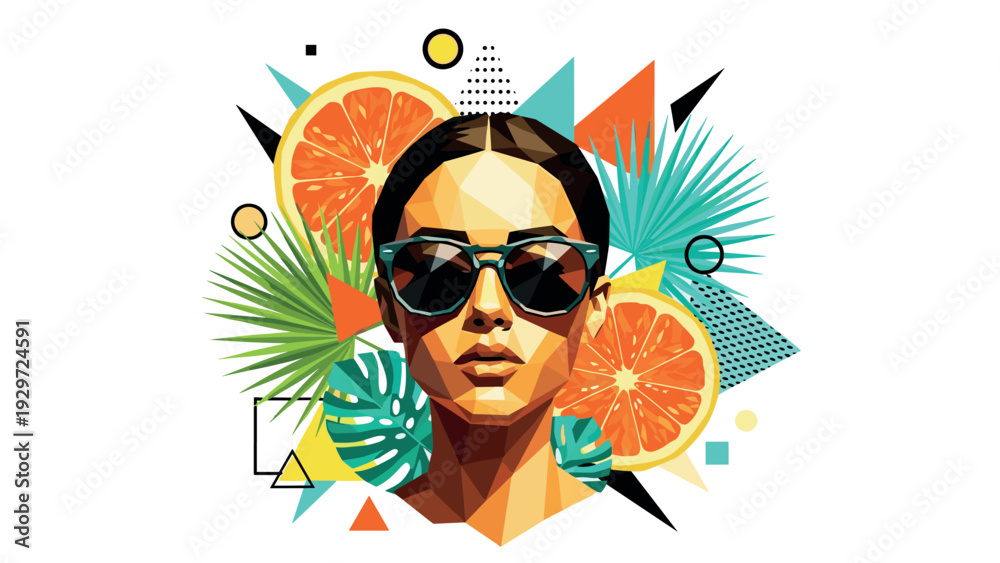 Fototapeta premium woman wearing sunglasses with tropical fruit and geometric background in modern low poly style
