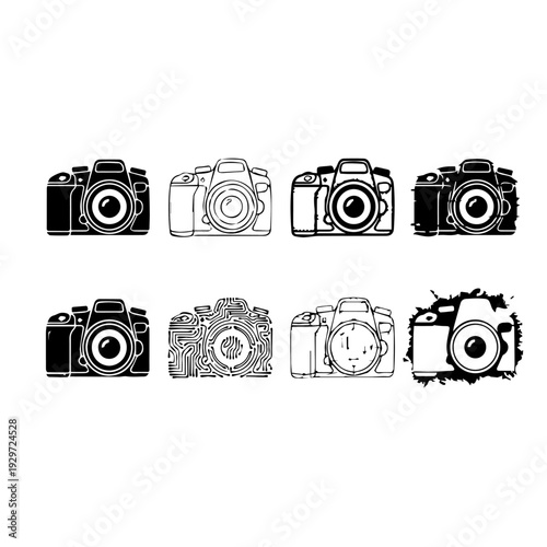 Set of camera icons in eight different artistic styles and silhouettes
