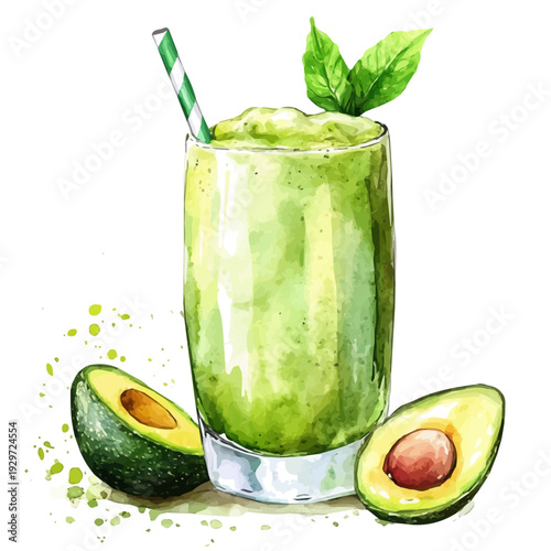 Avocado Shake, watercolor painting capturing graceful lines and soft blended shades, isolated on a white background.
