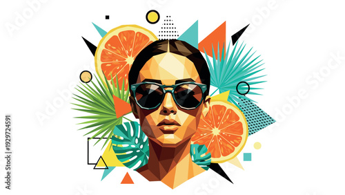 woman wearing sunglasses with tropical fruit and geometric background in modern low poly style