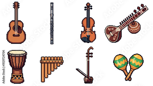 set of eight pixel art musical instruments including guitar flute violin sitar djembe pan flute erhu and maracas in colorful style