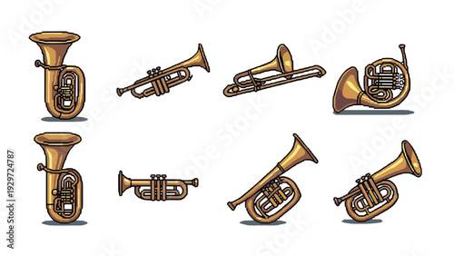 collection of hand drawn brass wind musical instruments including trumpet tuba trombone french horn in cartoon style