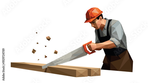 worker sawing wooden plank with hand saw low poly geometric style