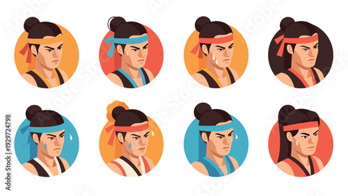 set of hand drawn male martial artist avatars with sweat in flat style